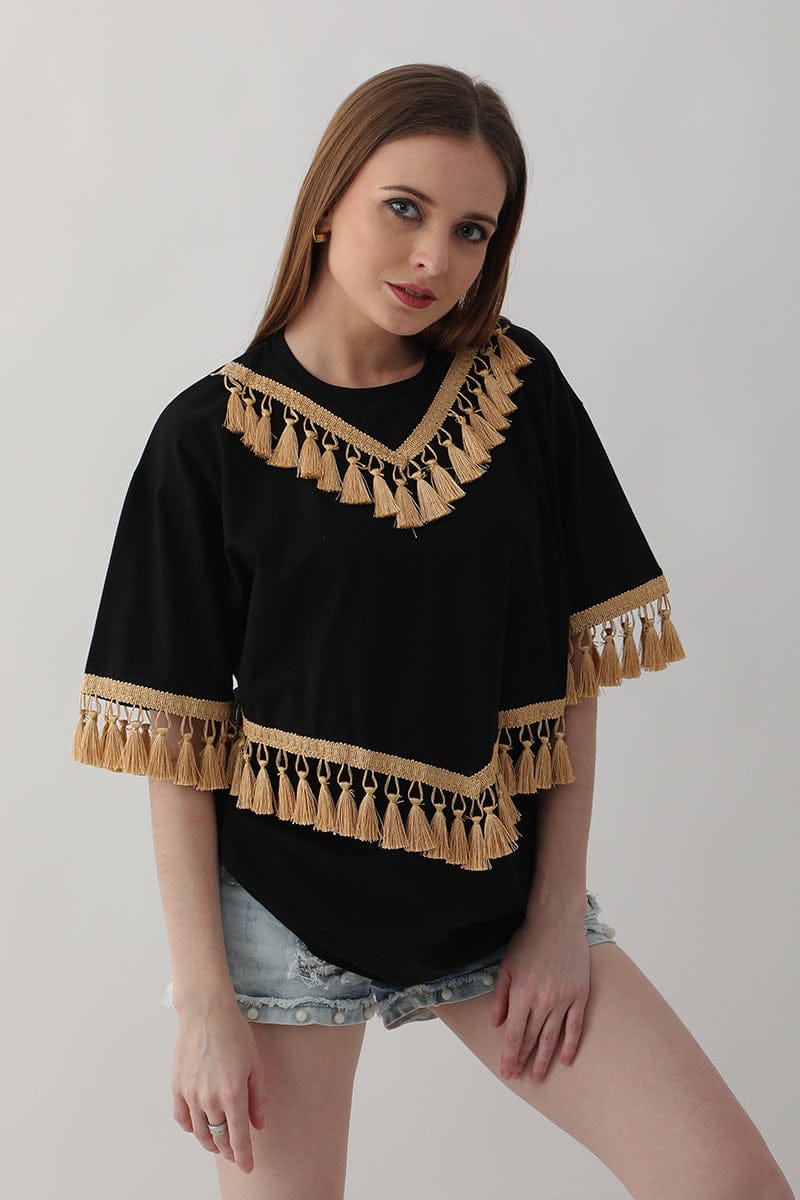 Black Oversized Tassel Detail Top