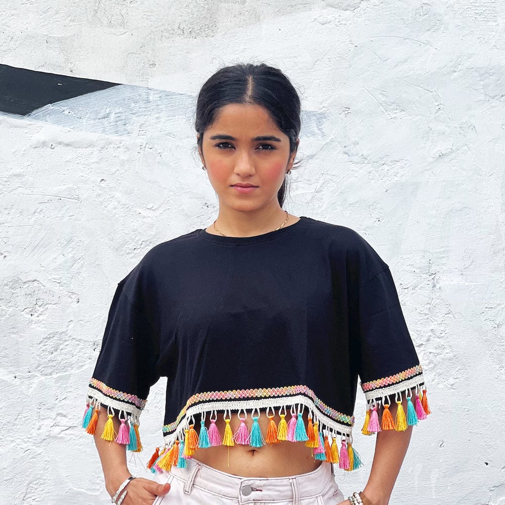 Black Oversized Tassel Detail Top
