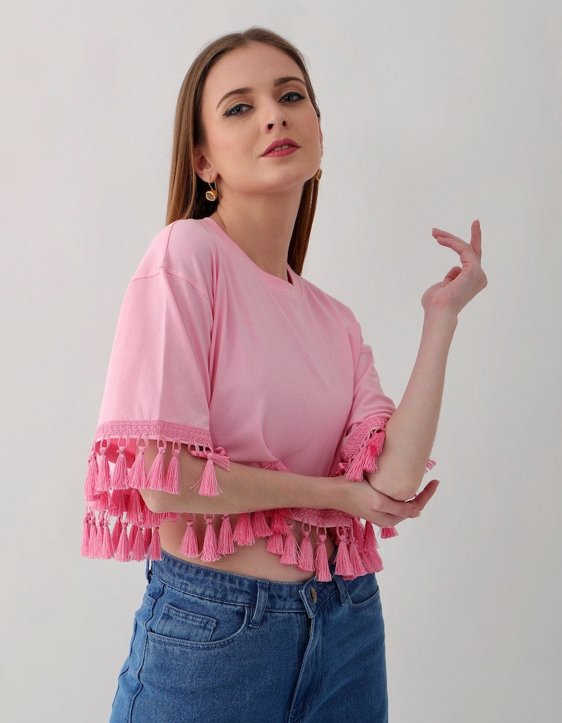 Cotton candy Pink top with Pink Tassel Trim