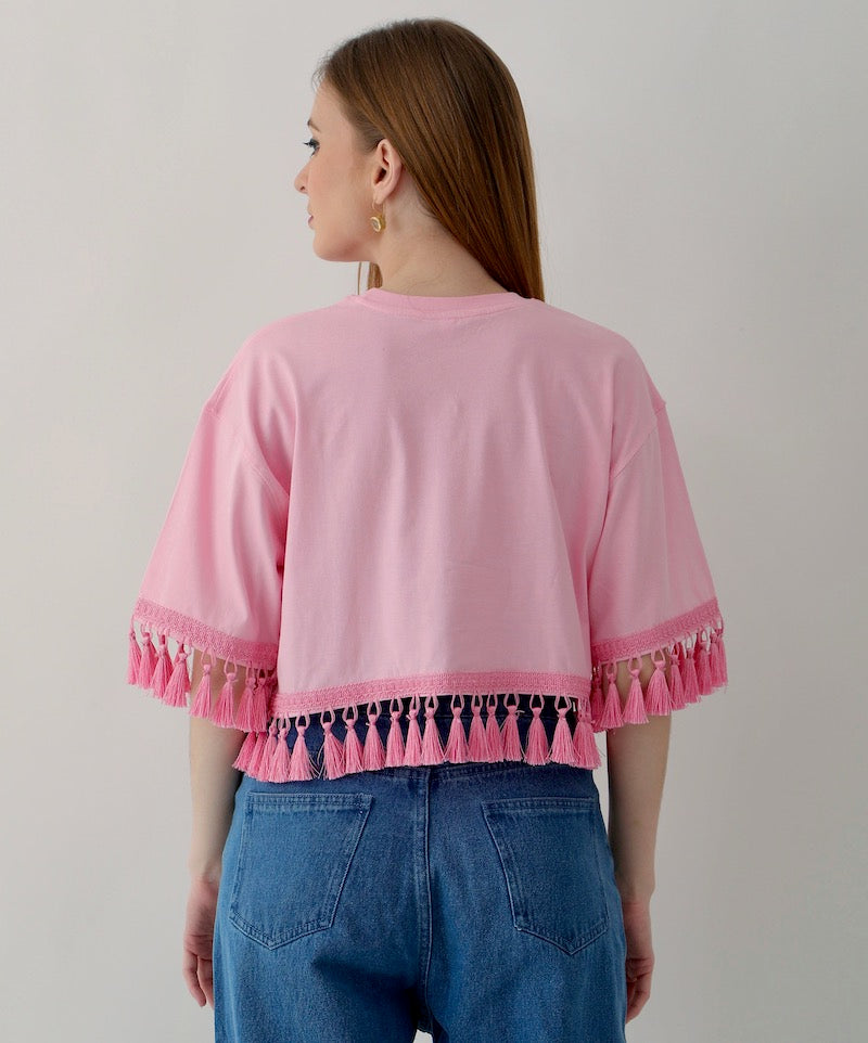 Cotton candy Pink top with Pink Tassel Trim