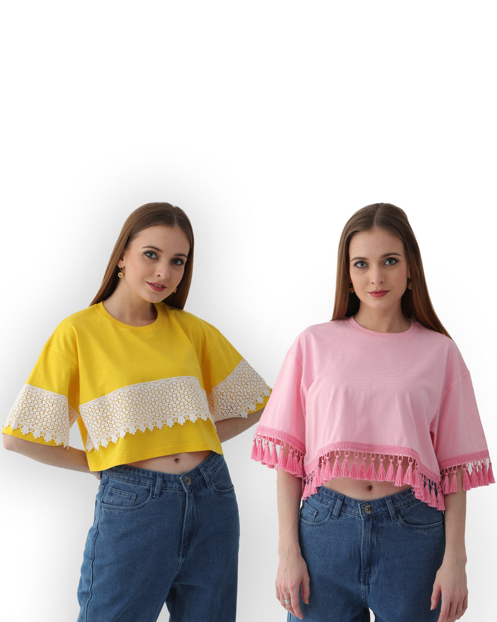 2 Oversized Women’s Tops : Yellow with White lace and Pink with Pink Tassel 100% Cotton