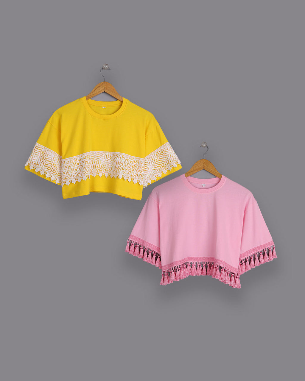 2 Oversized Women’s Tops : Yellow with White lace and Pink with Pink Tassel 100% Cotton