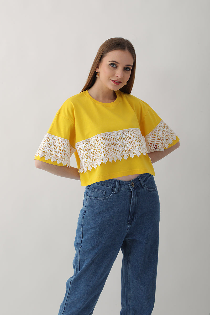 2 Oversized Women’s Tops : Yellow with White lace and Pink with Pink Tassel 100% Cotton