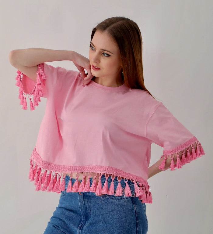 2 Oversized Women’s Tops : Yellow with White lace and Pink with Pink Tassel 100% Cotton