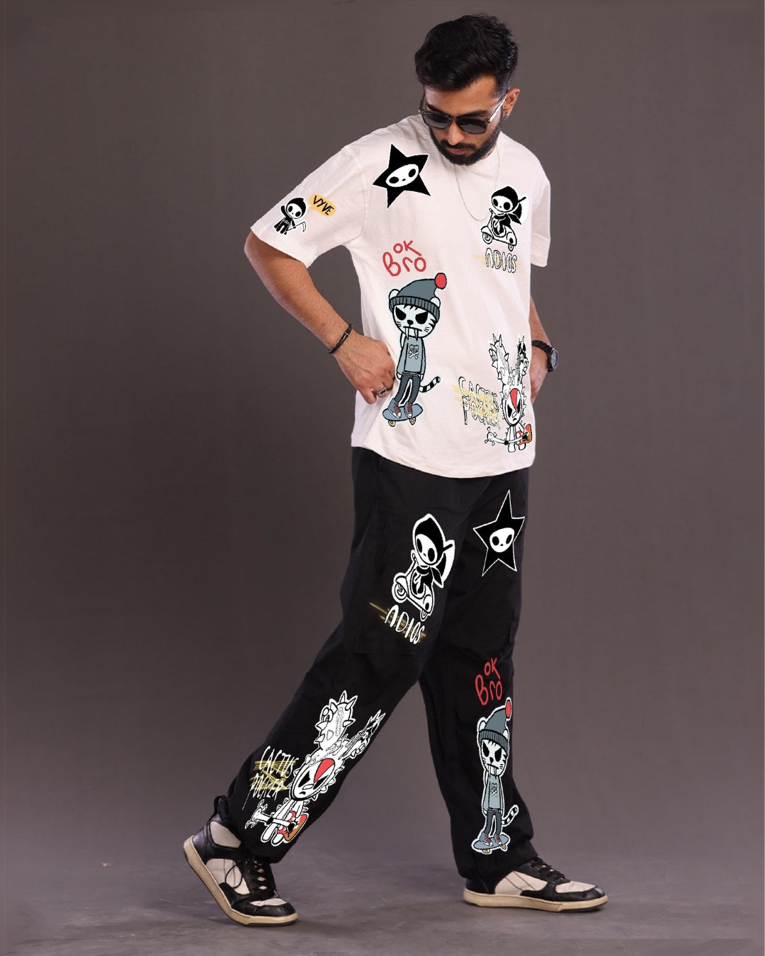 Classic Combo Men's Co-ord Oversized Set in white and Black with OK Bro