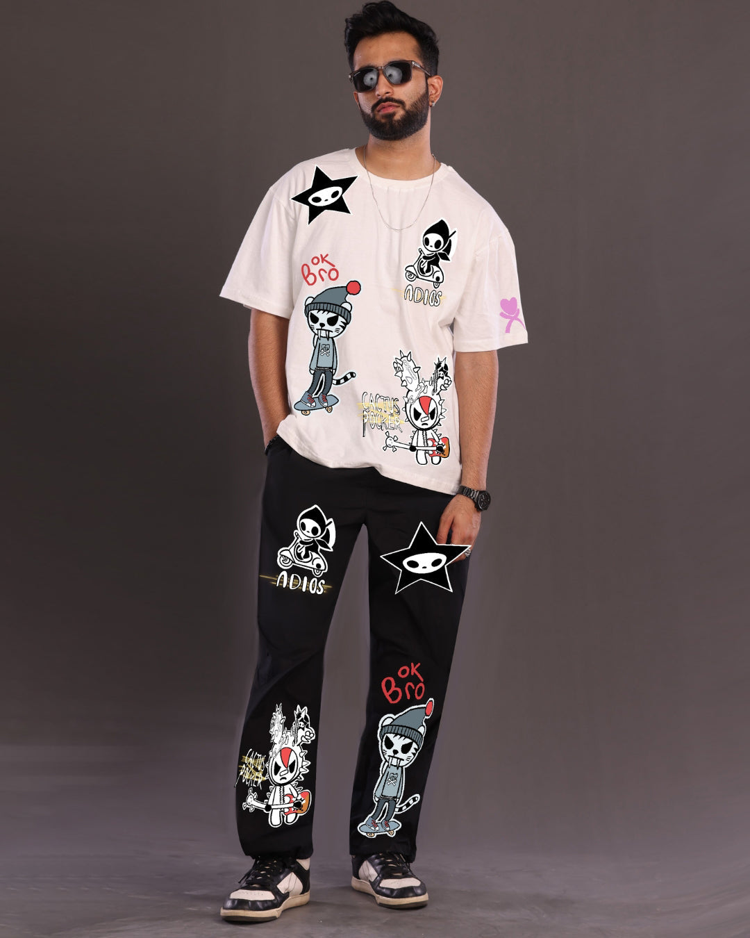 Classic Combo Men's Co-ord Oversized Set in white and Black with OK Bro