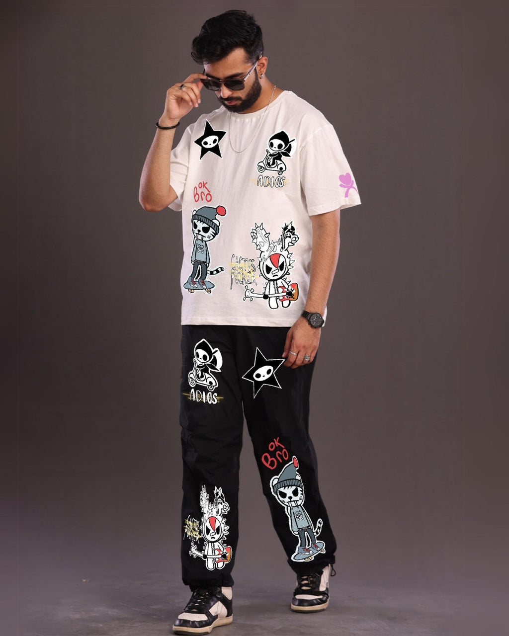 Classic Combo Men's Co-ord Oversized Set in white and Black with OK Bro