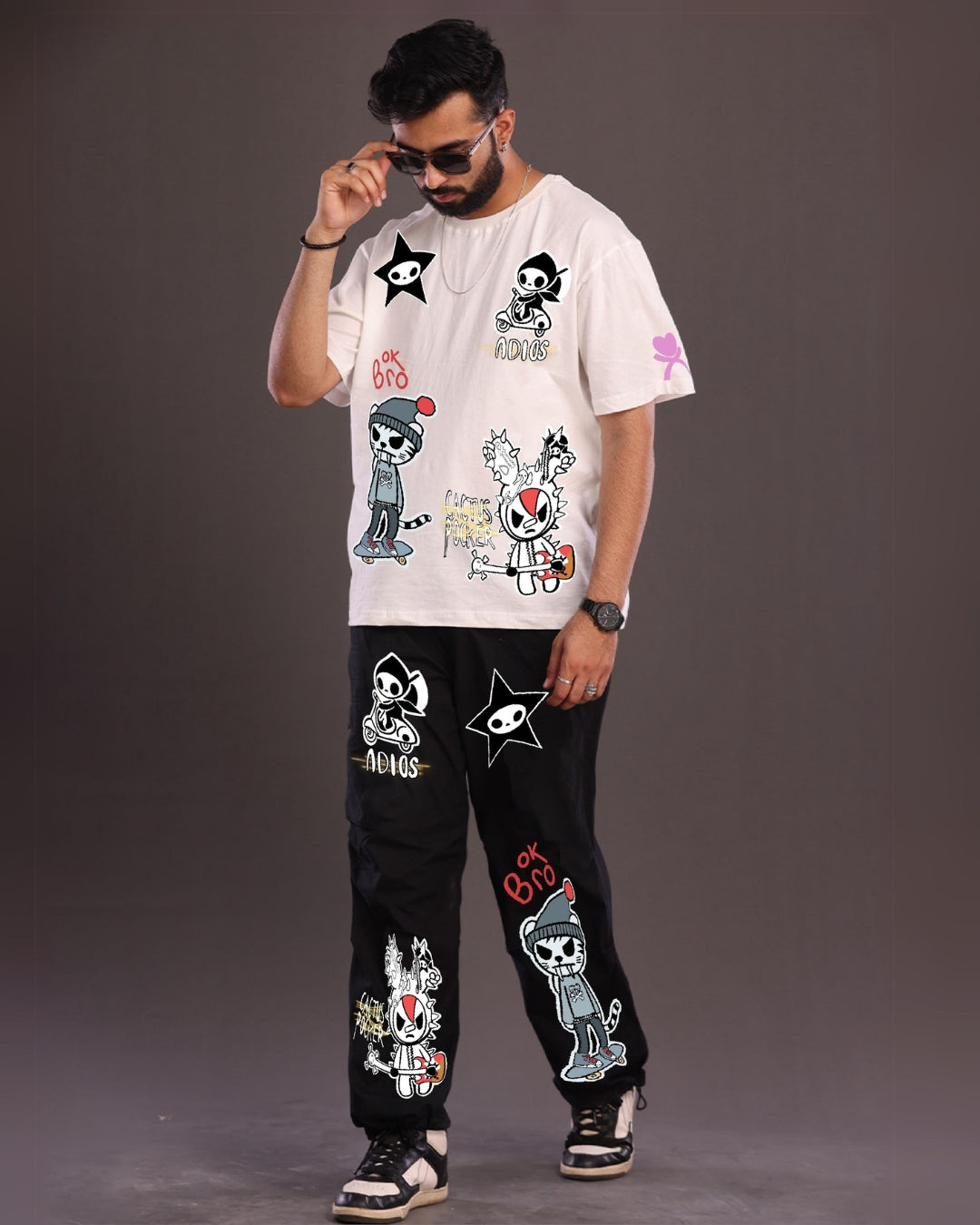 Classic Combo Men's Co-ord Oversized Set in white and Black with OK Bro