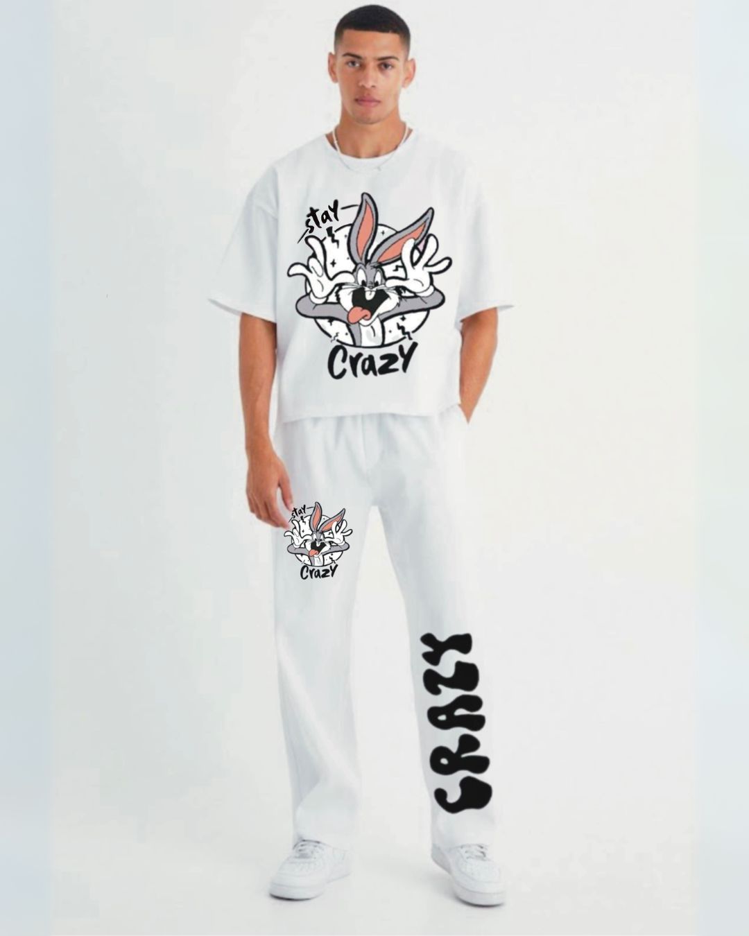 Mens Stay Crazy Oversized co-ord Set white and white"