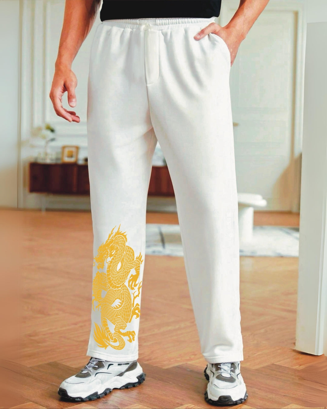 Men Golden Dragan white Pants