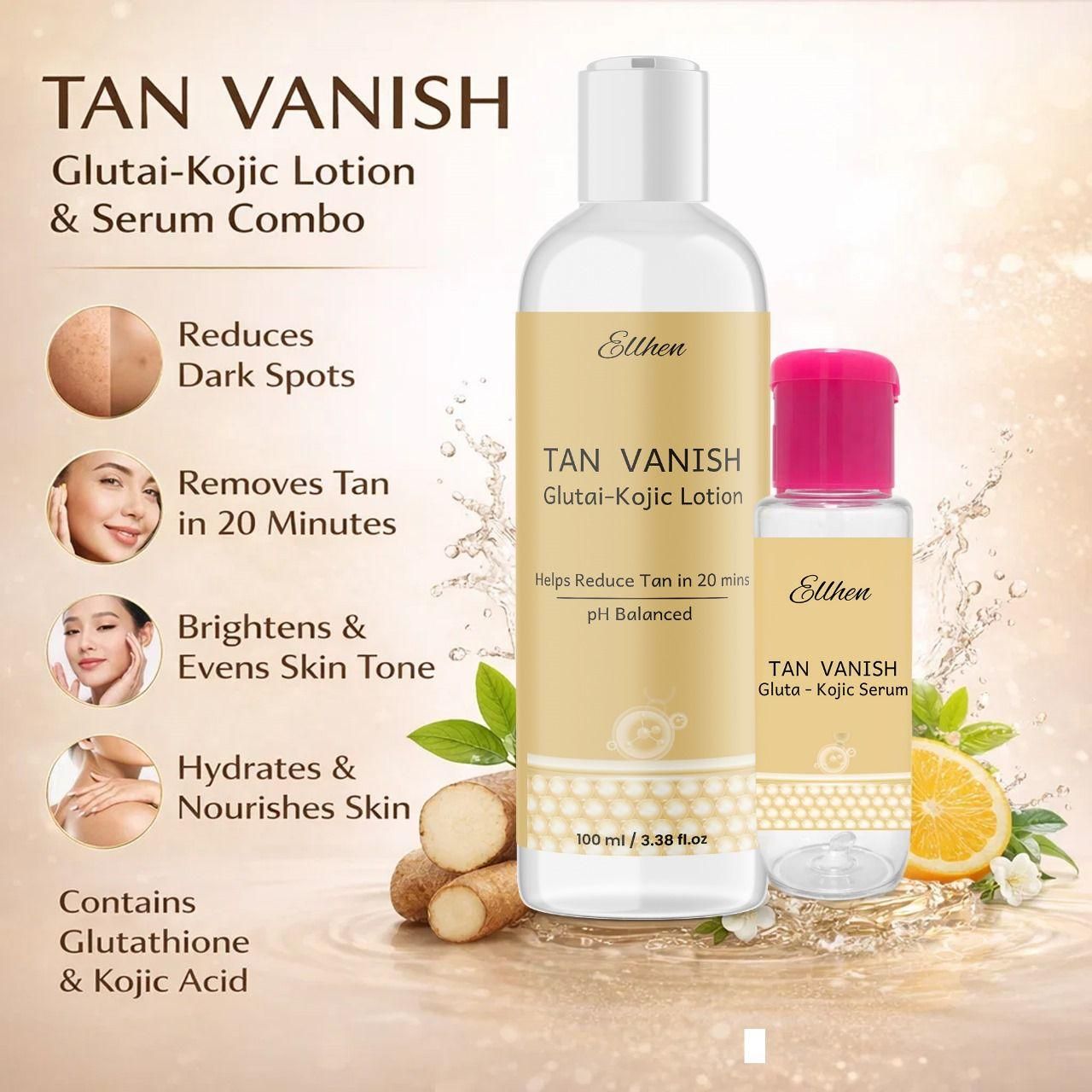 Tan Vanish Gluta Kojic Lotion & Gluta Kojic Serum | Brightening & Pigmentation Care | 100 ml