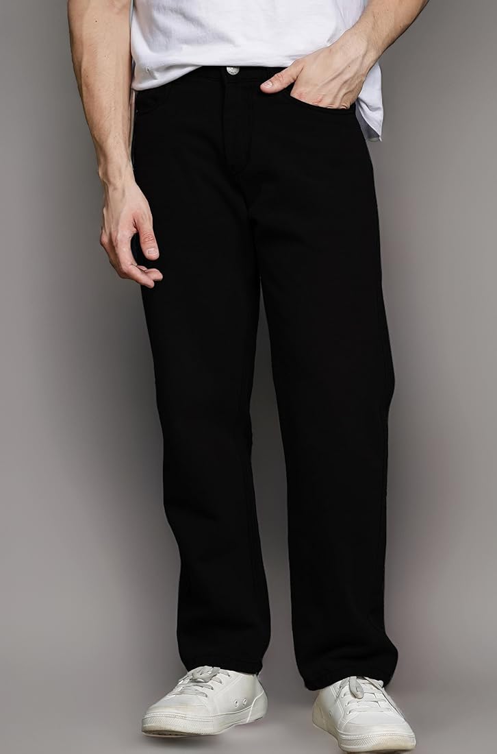 Men’s Black Straight Loose Fit Denim Jeans | Comfortable Daily Wear
