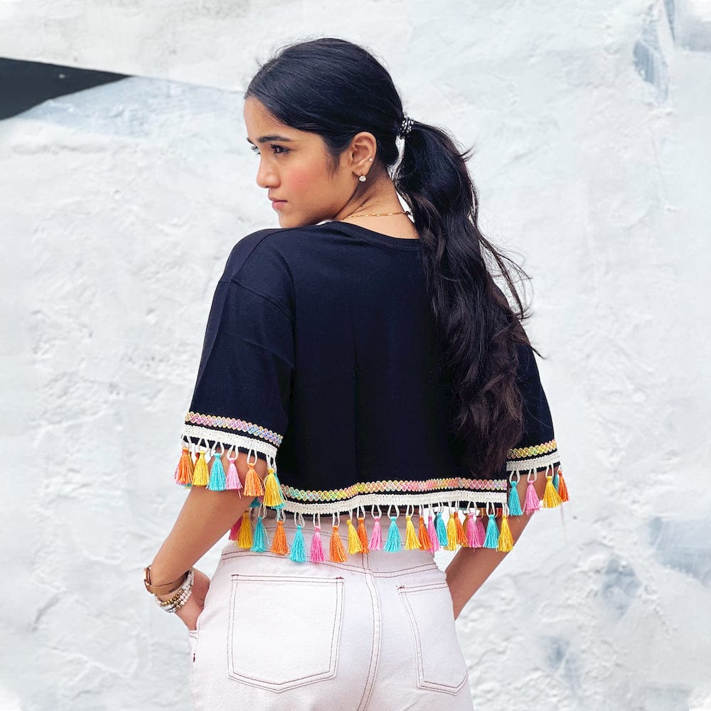 Black Oversized Tassel Detail Top