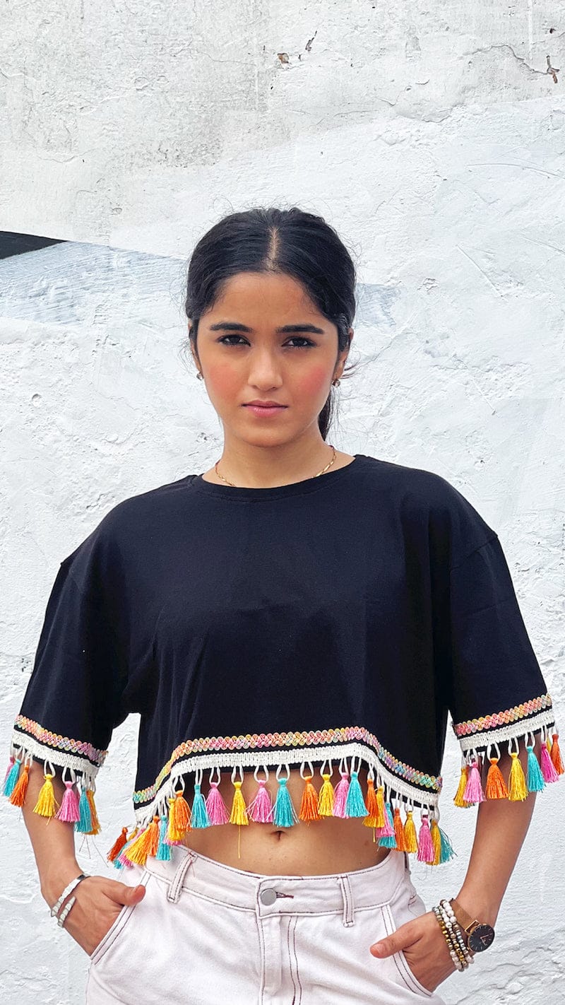 Black Oversized Tassel Detail Top