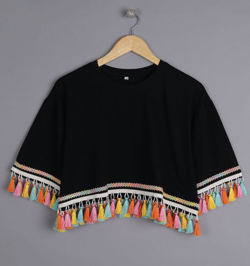 Black Oversized Tassel Detail Top