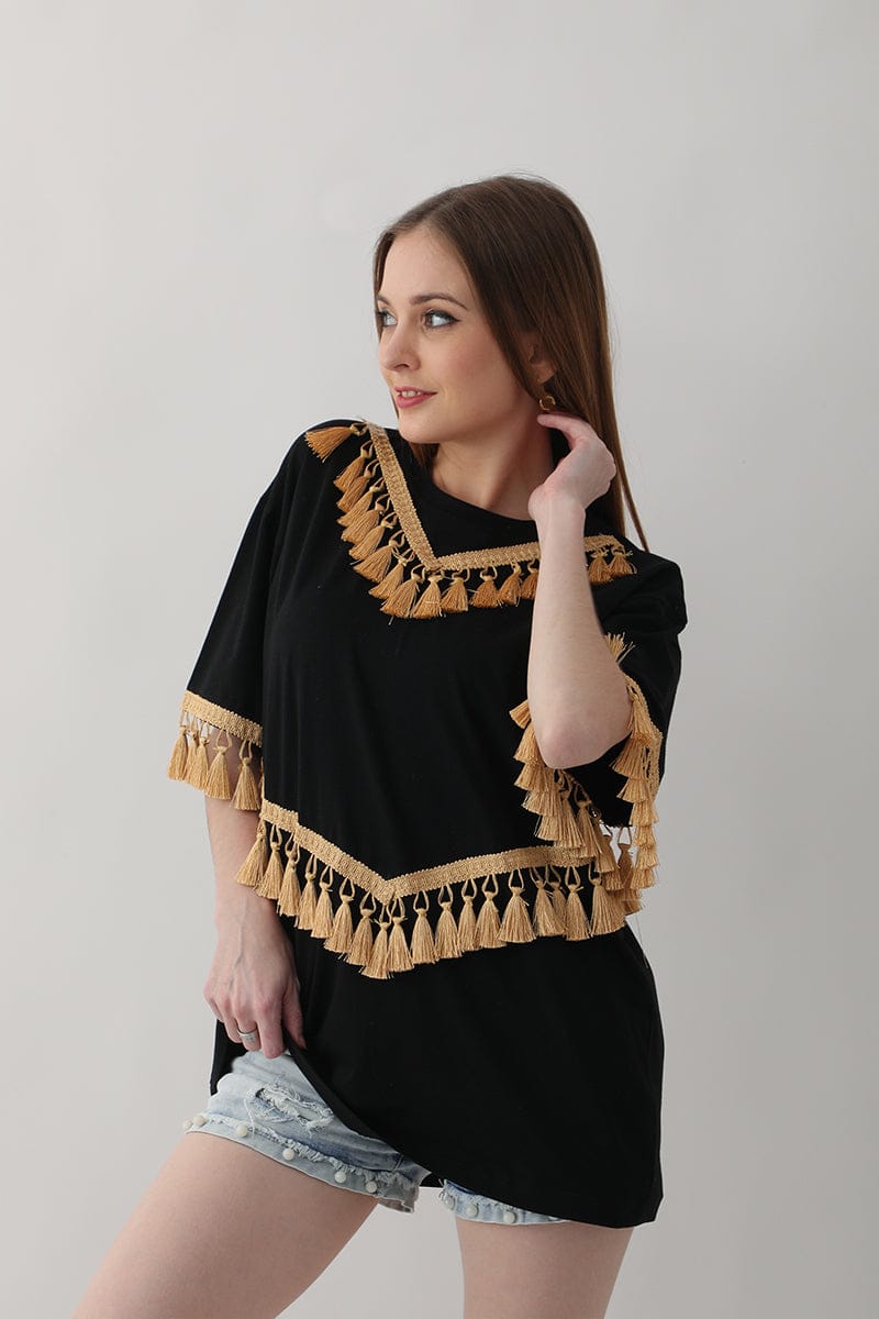 Black Oversized Tassel Detail Top