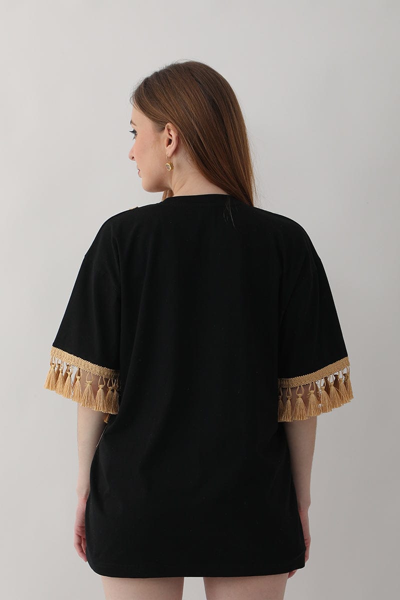 Black Oversized Tassel Detail Top