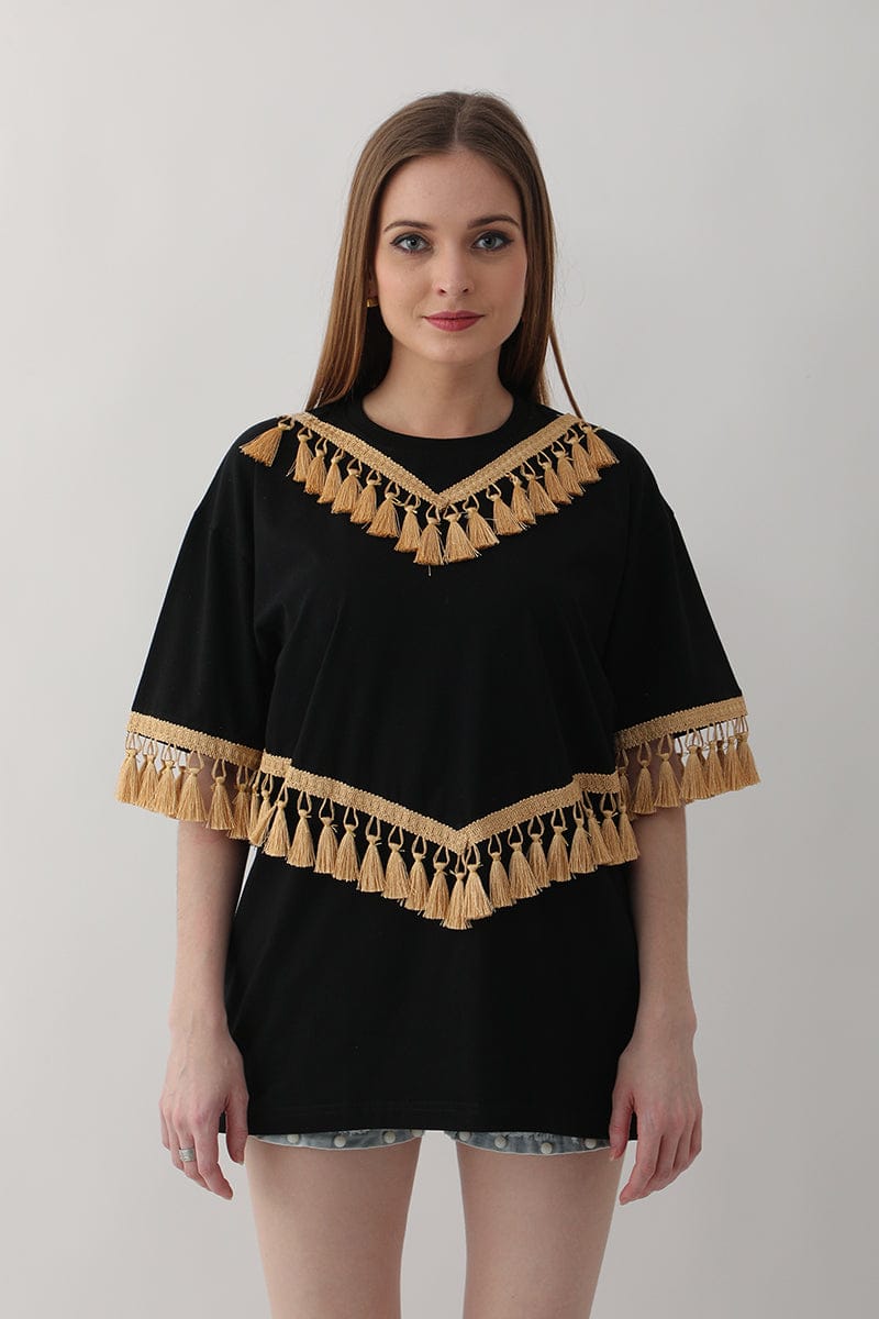 Black Oversized Tassel Detail Top